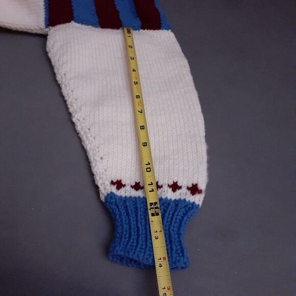 Hand Knitted  Cardigan Child Sweater Blue Maroon White Pattern Hand Handmade M L - Picture 3 of 8